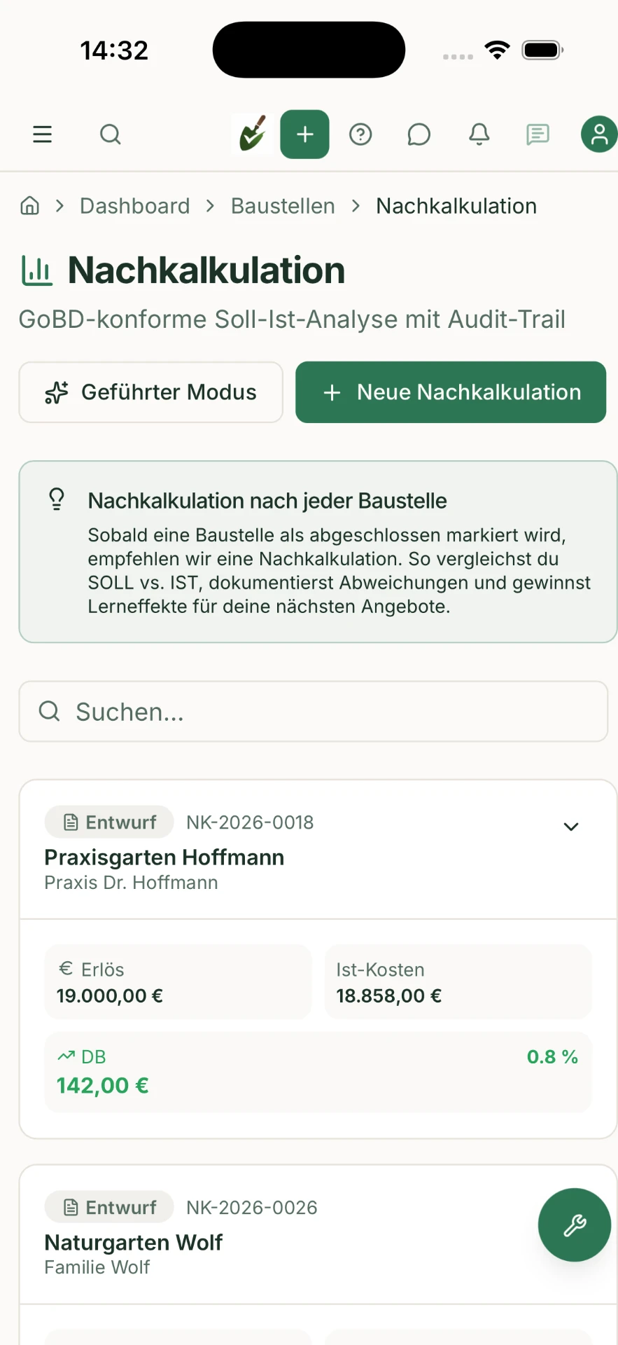 Kireon Nachkalkulation – Soll-Ist-Analyse abgeschlossener Baustellen