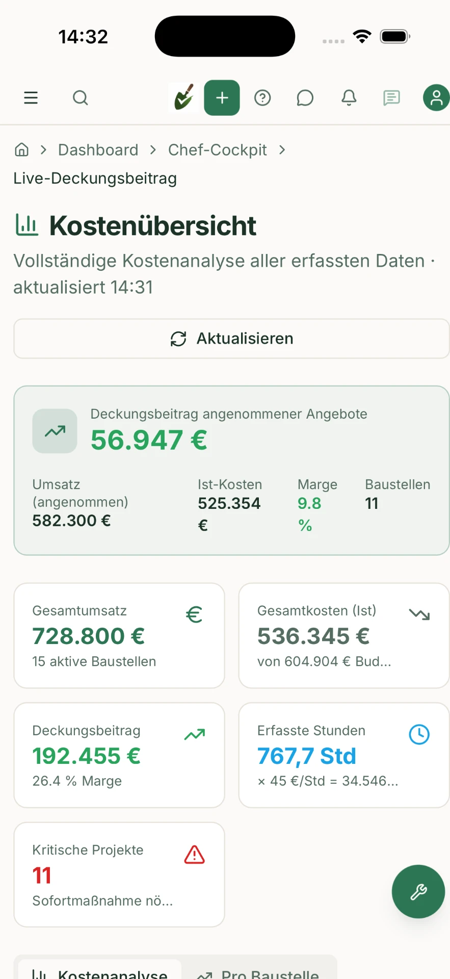 Kireon Kostenübersicht – Live-Deckungsbeitrag und Projektkennzahlen